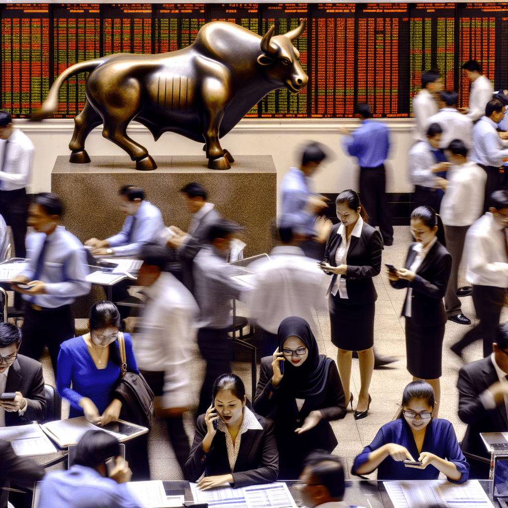 Asian stocks cautiously higher in a bustling market scene.