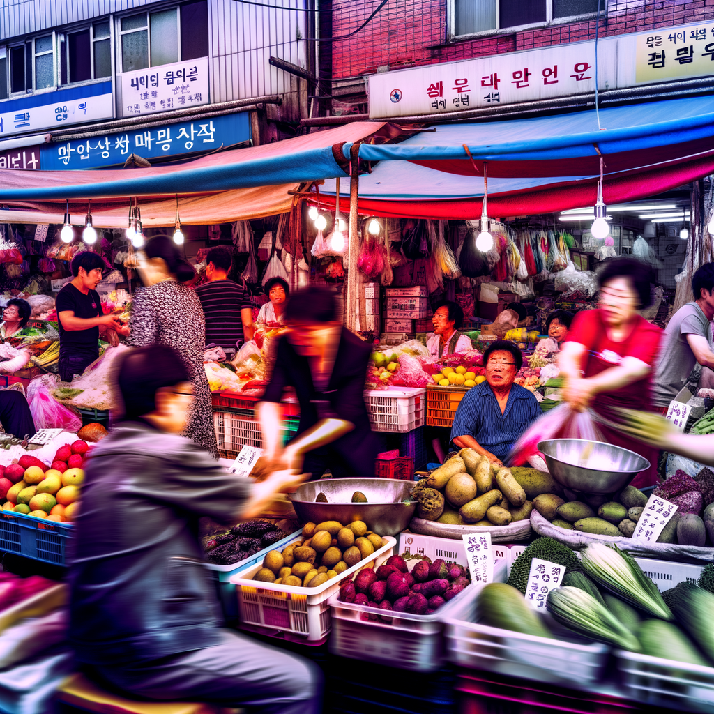 A bustling market scene representing South Korea's Economic Recovery.
